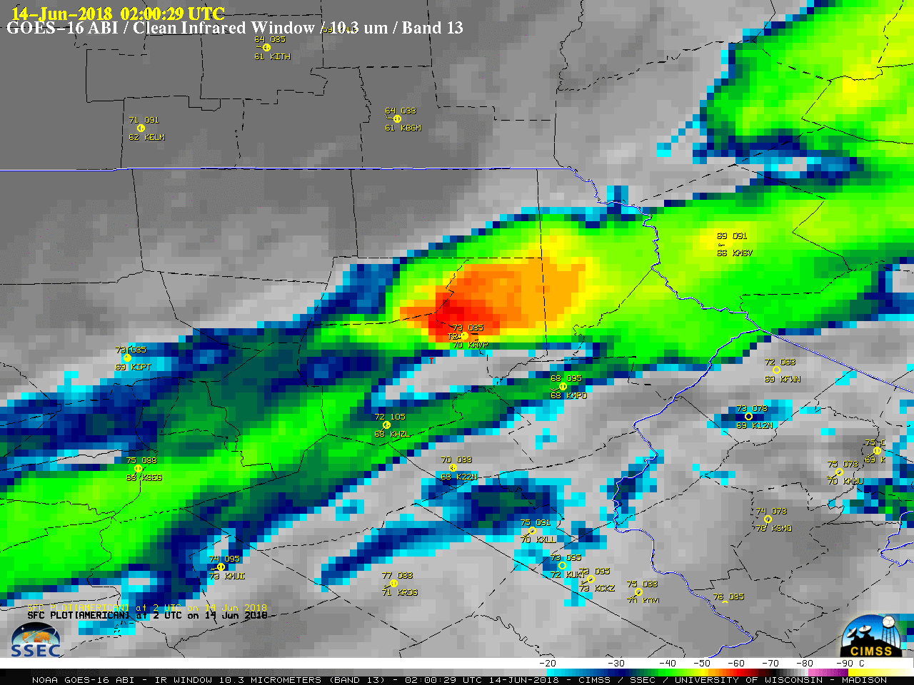 GOES-16 Band 13 (Clean Infrared Window, 10.3 µm) images, with SPC storm reports plotted in red [click to animate]