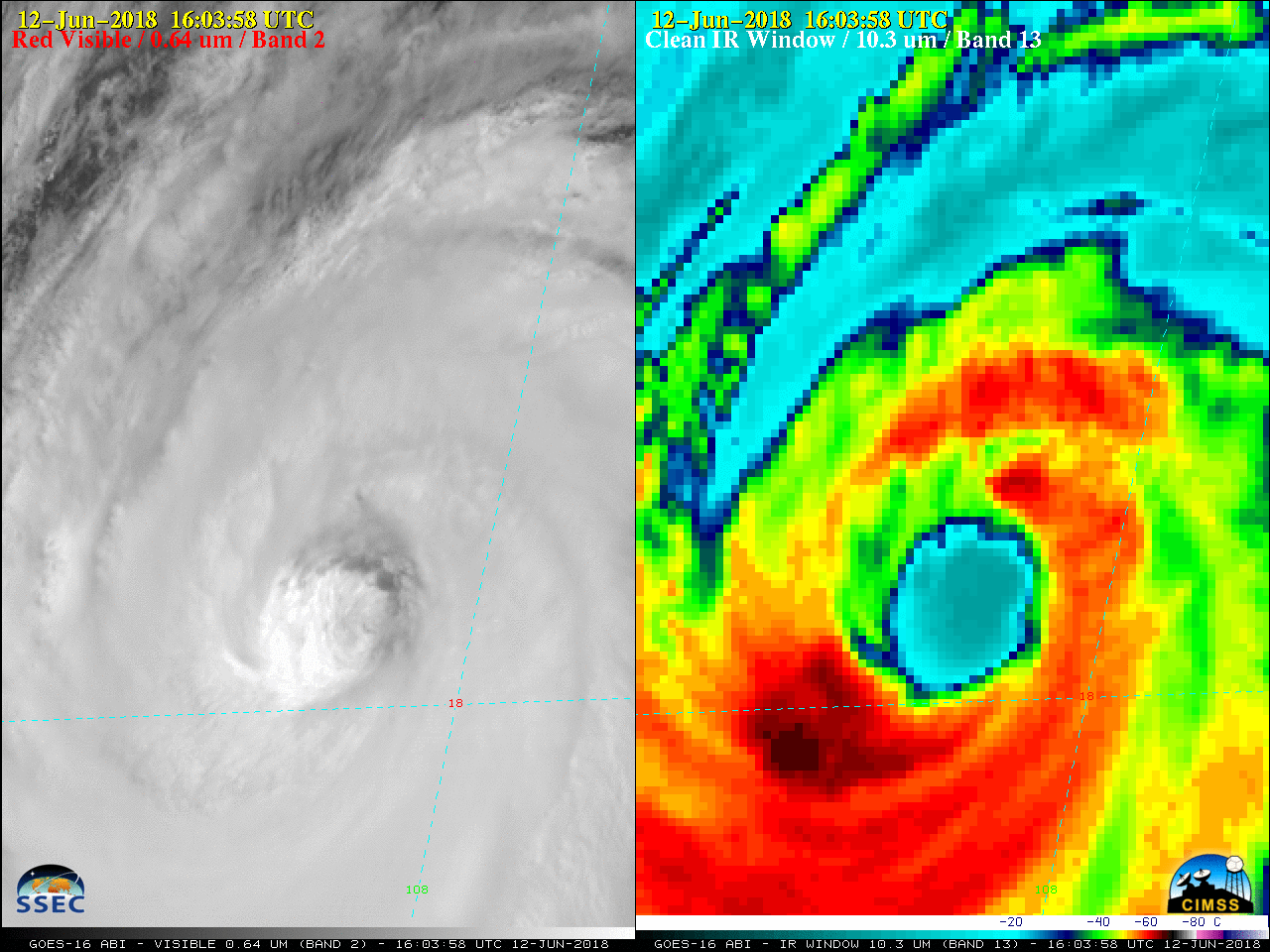 GOES-16 "Red" Visible (0.64 µm, left) and "Clean" Infrared Window (10.3 µm, right) images [click to play MP4 animation]