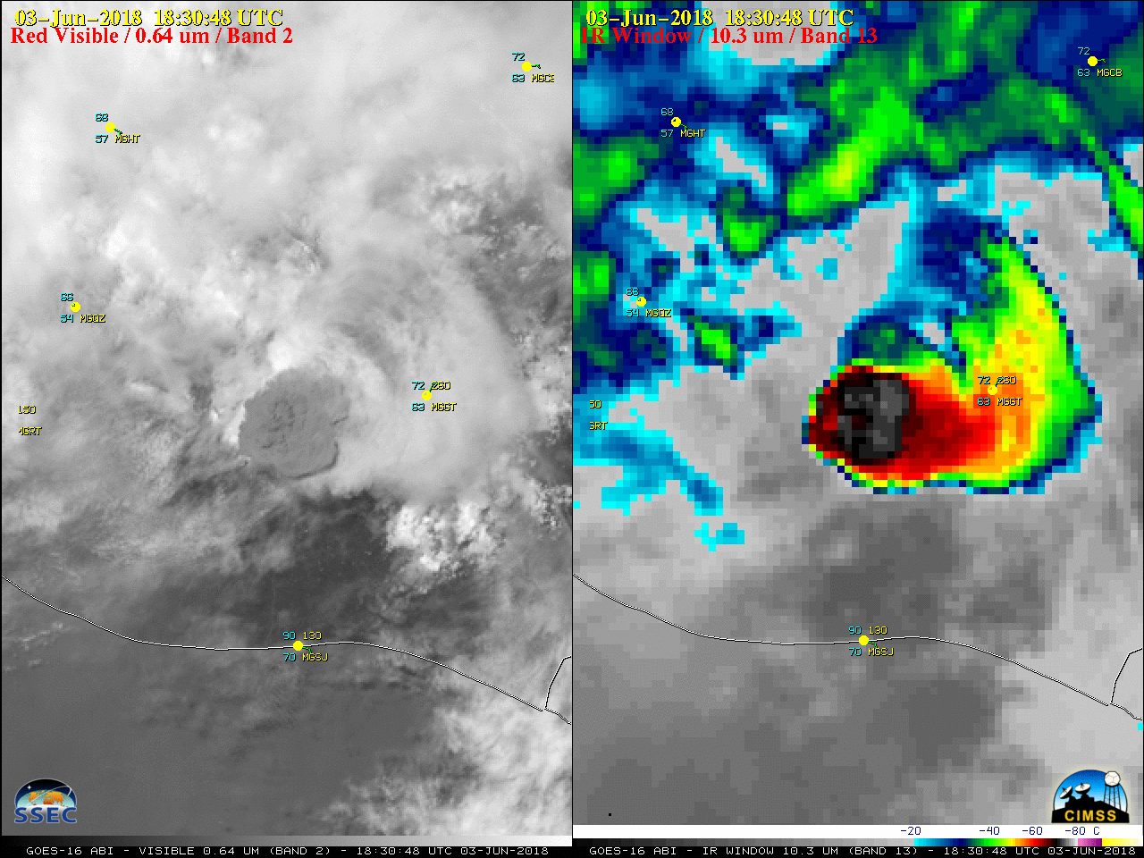 GOES-16 Visible (0.64 µm, left) and Infrared (10.3 µm, right) images, with hourly plots of surface reports {click to play animation]