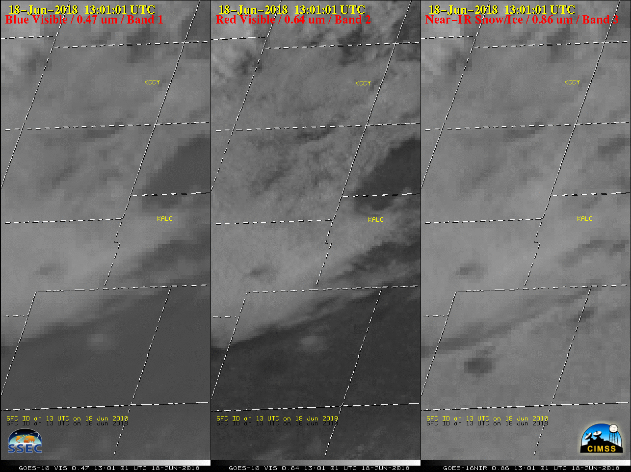 GOES-16 "Blue" Visible (0.47 µm), "Red" Visible (0.64 µm) and Near-Infrared "Snow/Ice" (1.61 µm) images