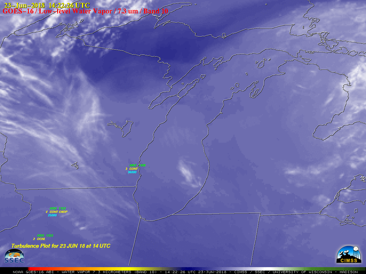 GOES-16 Low-level (7.3 µm) images, with hourly pilot reports of turbulence [click to play animation]