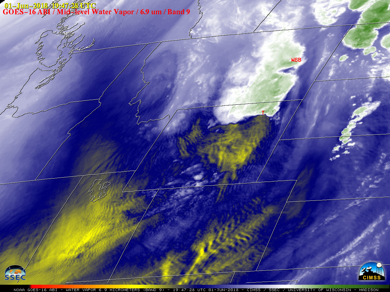 GOES-16 Mid-level Water Vapor (6.9 µm) images, with plots of SPC storm reports [click to play MP4 animation]