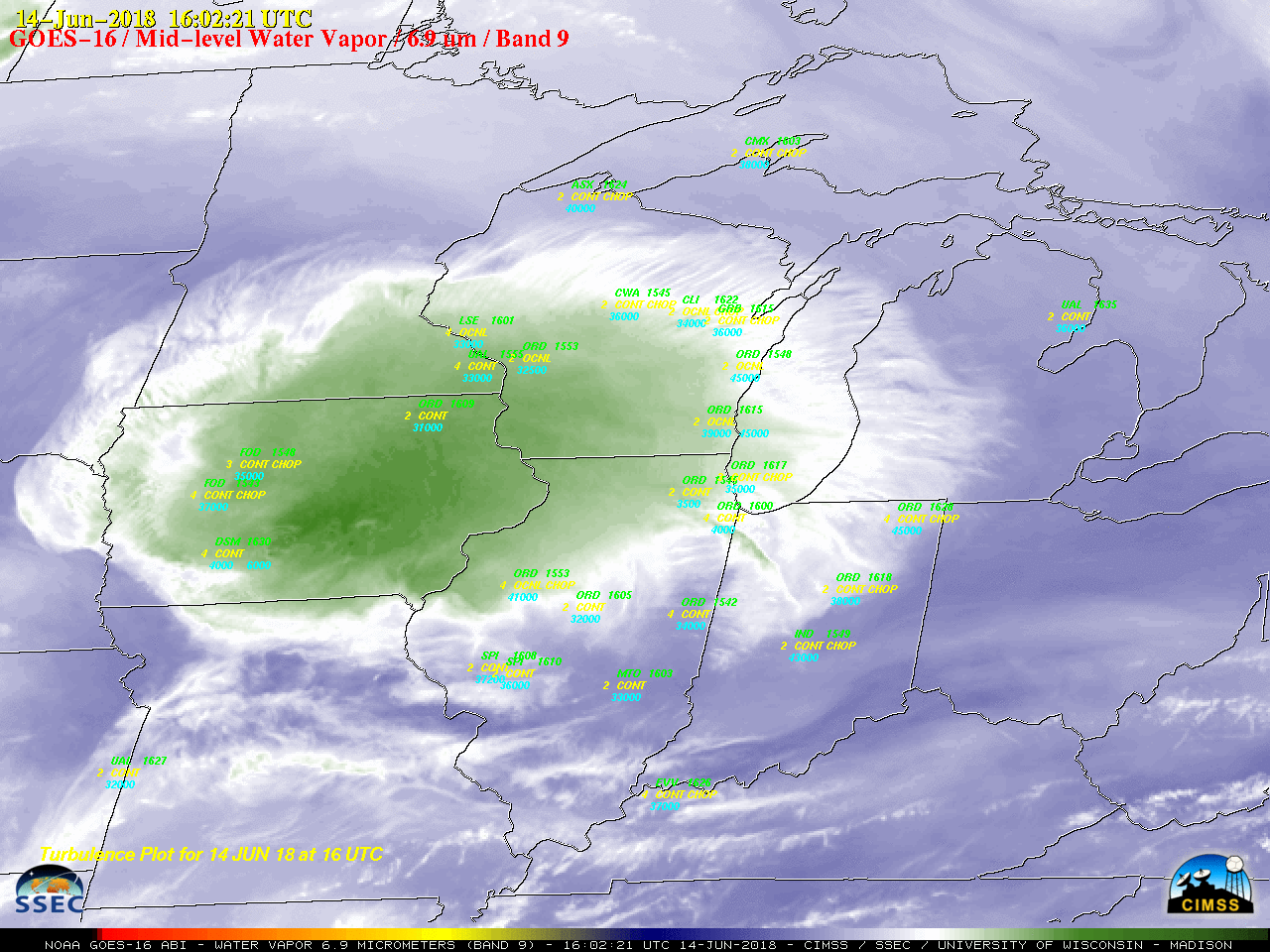 GOES-16 Mid-level Water Vapor (6.9 µm) images, with hourly plots of turbulence [click to play MP4 animation]