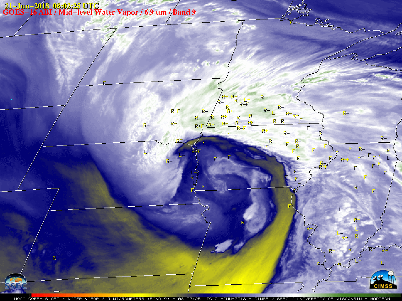 GOES-16 Mid-level Water Vapor (6.9 µm) images, with hourly plots of surface weather type [click to play MP4 animation]