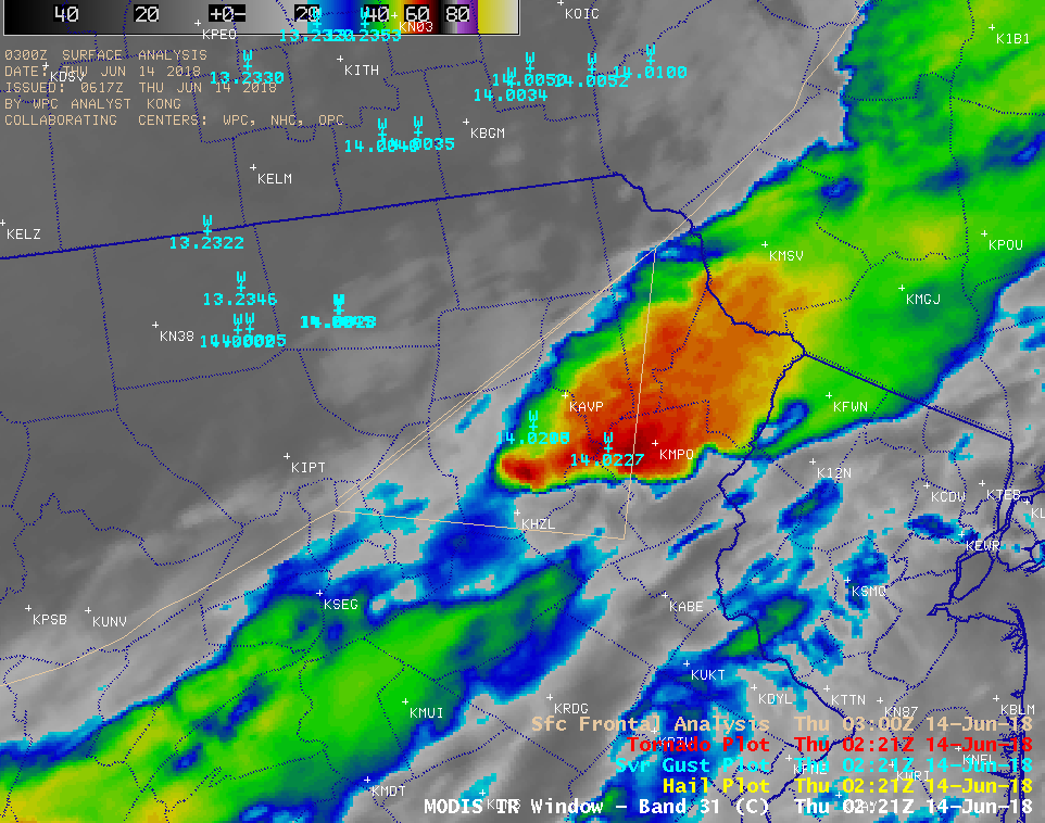 Terra MODIS Band 31 (Infrared Window, 11.0 µm) image, with plots of cumulative SPC storm reports and the 03 UTC position of the surface cold front [click to enlarge]