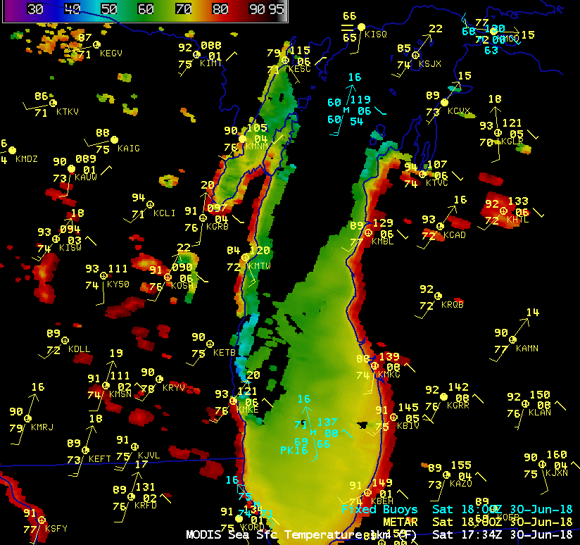 Aqua MODIS Sea Surface Temperature product, with plots of surface and buoy reports [click to enlarge]