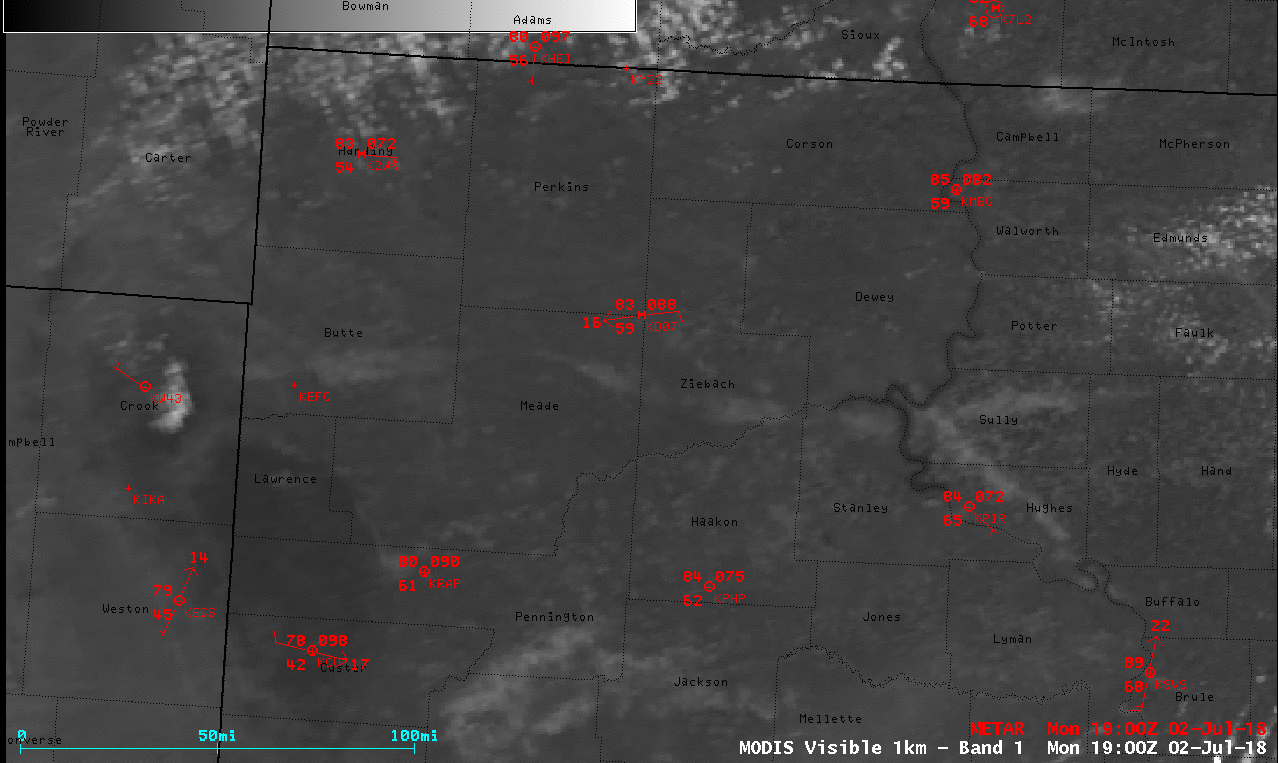 Aqua MODIS Visible (0.65 µm) image and Normalized Difference Vegetation Index (NDVI) and Land Surface Temperature (LST) products [click to enlarge]