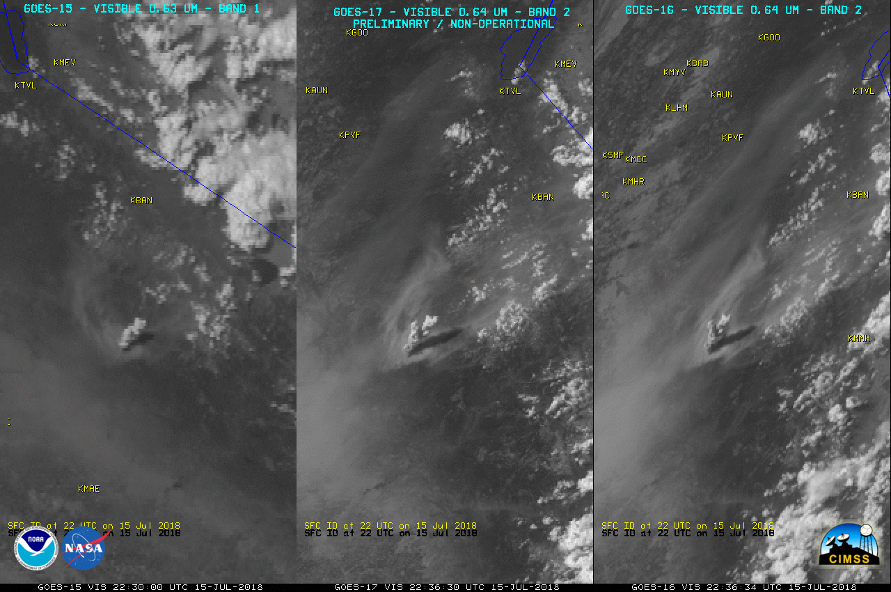 Visible images from GOES-15 (0.63 µm, left), GOES-17 (0.64 µm, center) and GOES-16 (0.64 µm, right) [click to play animation]