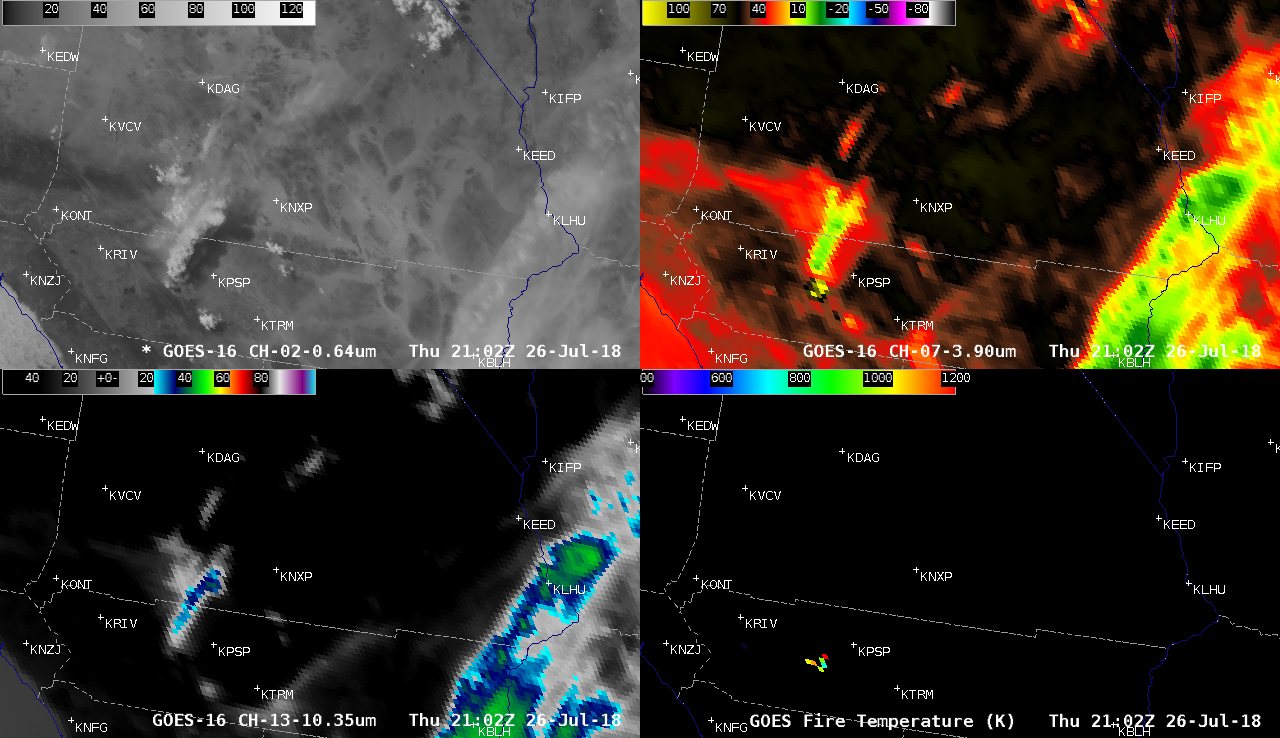 GOES-16 "Red" Visible (0.64 µm, top left), Shortwave Infrared (3.9 µm, top right), "Clean" Infrared Window (10.3 µm, bottom left) and Fire Temperature (bottom right) images [click to play animation | MP4]
