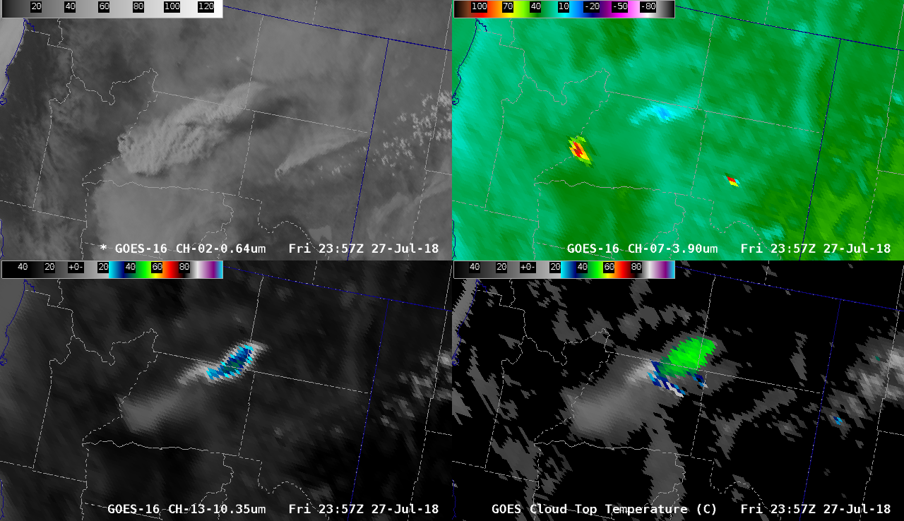 GOES-16 "Red" Visible (0.64 µm, top left), Shortwave Infrared (3.9 µm, top right), "Clean" Infrared Window (10.3 µm, bottom left) and Cloud Top Temperature product (bottom right) [click to play MP4 animation]