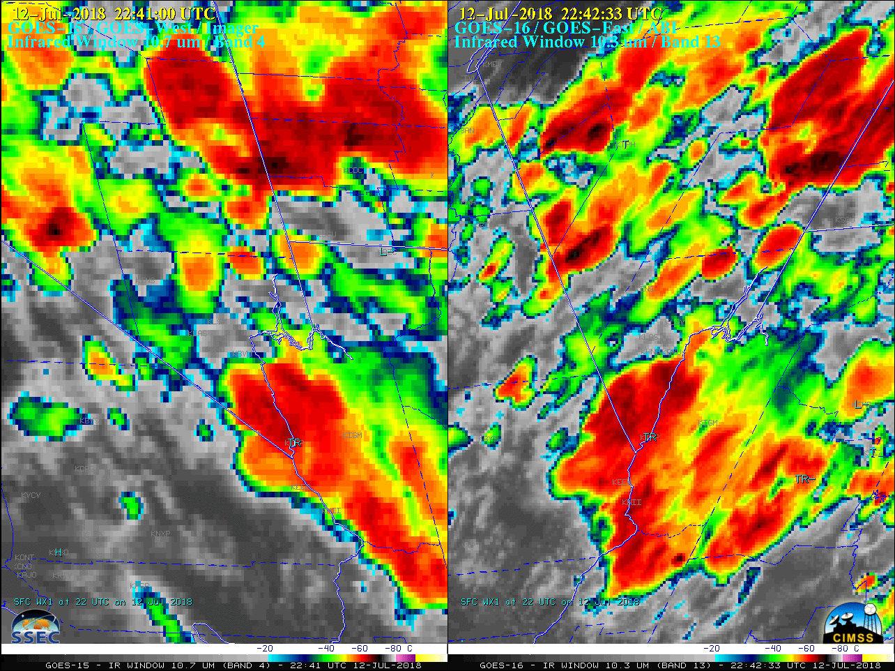GOES-15 Infrared Window (10.7 µm, left) and GOES-16 "Clean" Infrared Window (10.3 µm, right) images [click to play MP4 animation]