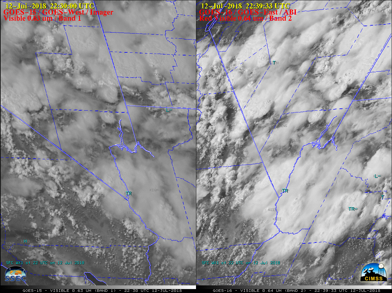GOES-15 Visible (0.63 µm, left) and GOES-16 Visible (0.64 µm, right) images [click to play MP4 animation]
