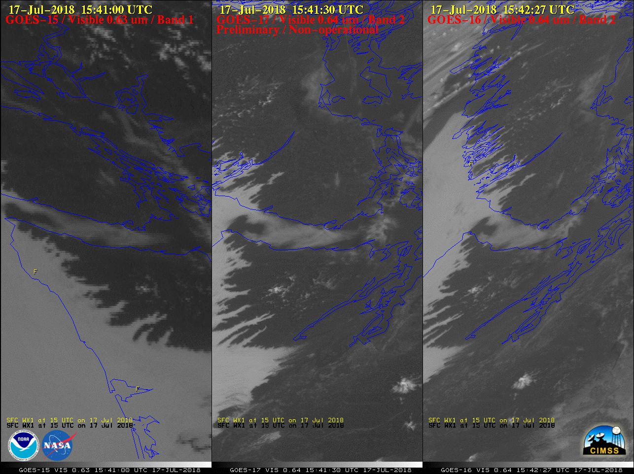 Visible images from GOES-15 (0.63 µm, left), GOES-17 (0.64 µm, center) and GOES-16 (0.64 µm, right) [click to play animation | MP4]