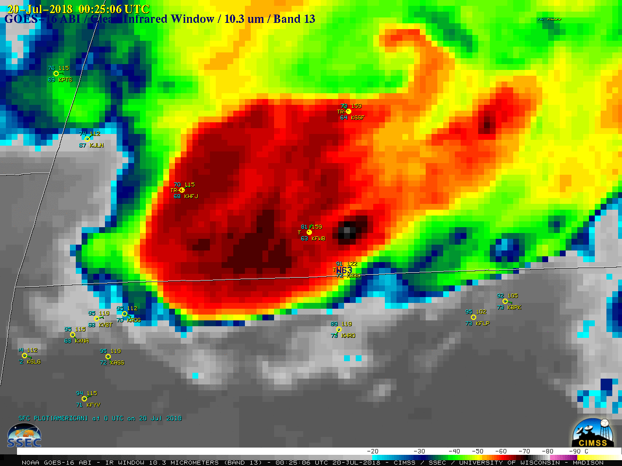 GOES-16 "Clean" Infrared Window (10.3 µm), with hourly surface plots plotted in cyan/yellow and SPC storm reports plotted in dark blue [click to play MP4 animation | Animated GIF]