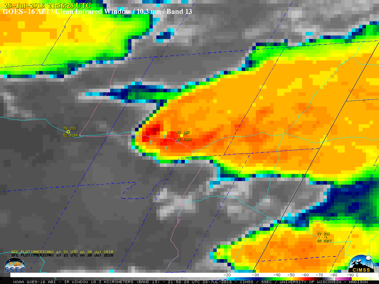GOES-16 "Clean" Infrared Window (10.3 µm) images, with hourly plots of surface observations (yellow) along with SPC storm reports (cyan) Interstate Highways (violet) and State Highways (cyan) [click to play MP4 animation]