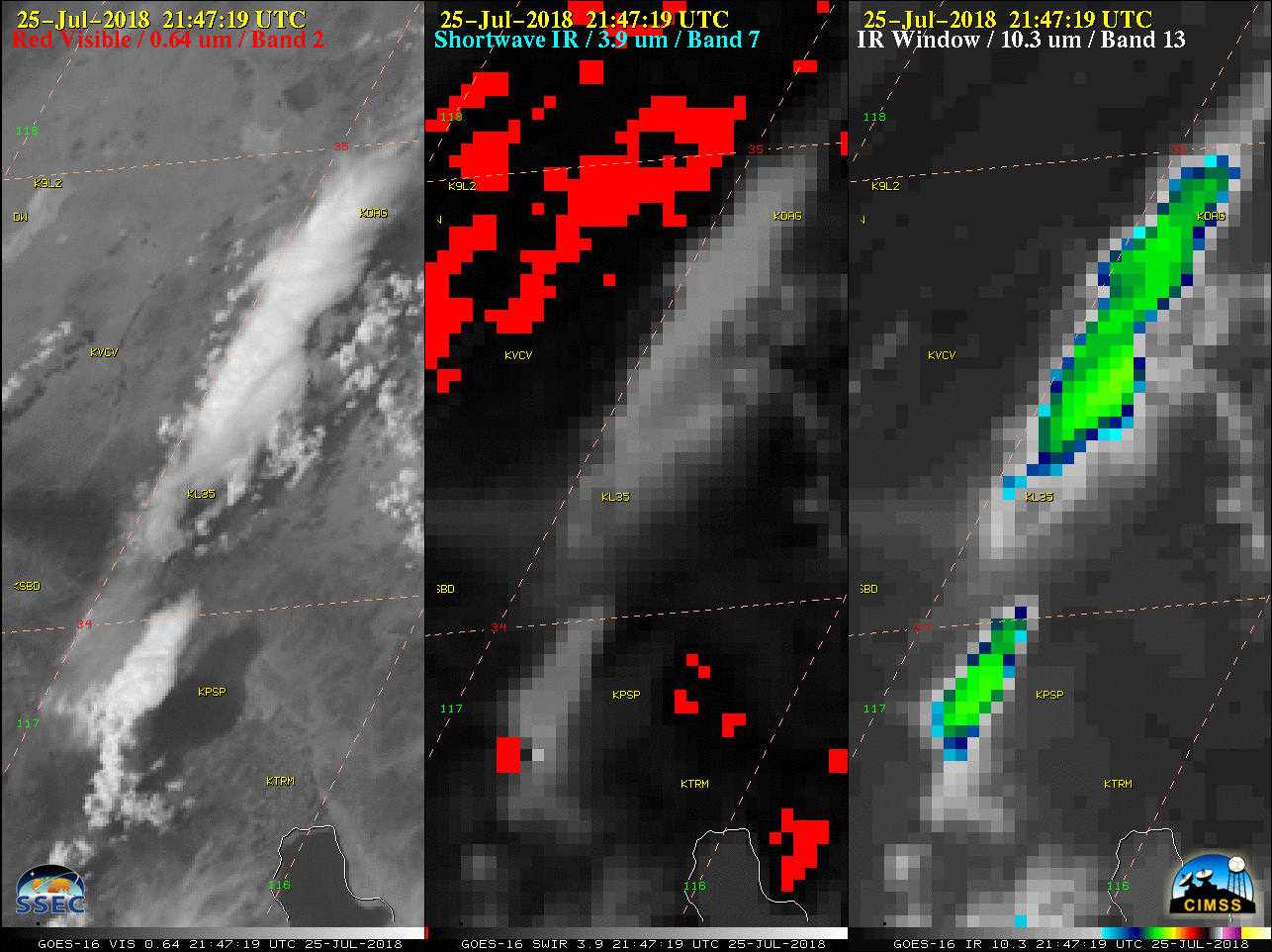 GOES-16 "Red" Visible (0.64 µm, left), Shortwave Infrared (3.9 µm, center) and "Clean" Infrared Window (10.3) images, with 4-letter airport identifiers plotted in yellow [click to play animation | MP4]