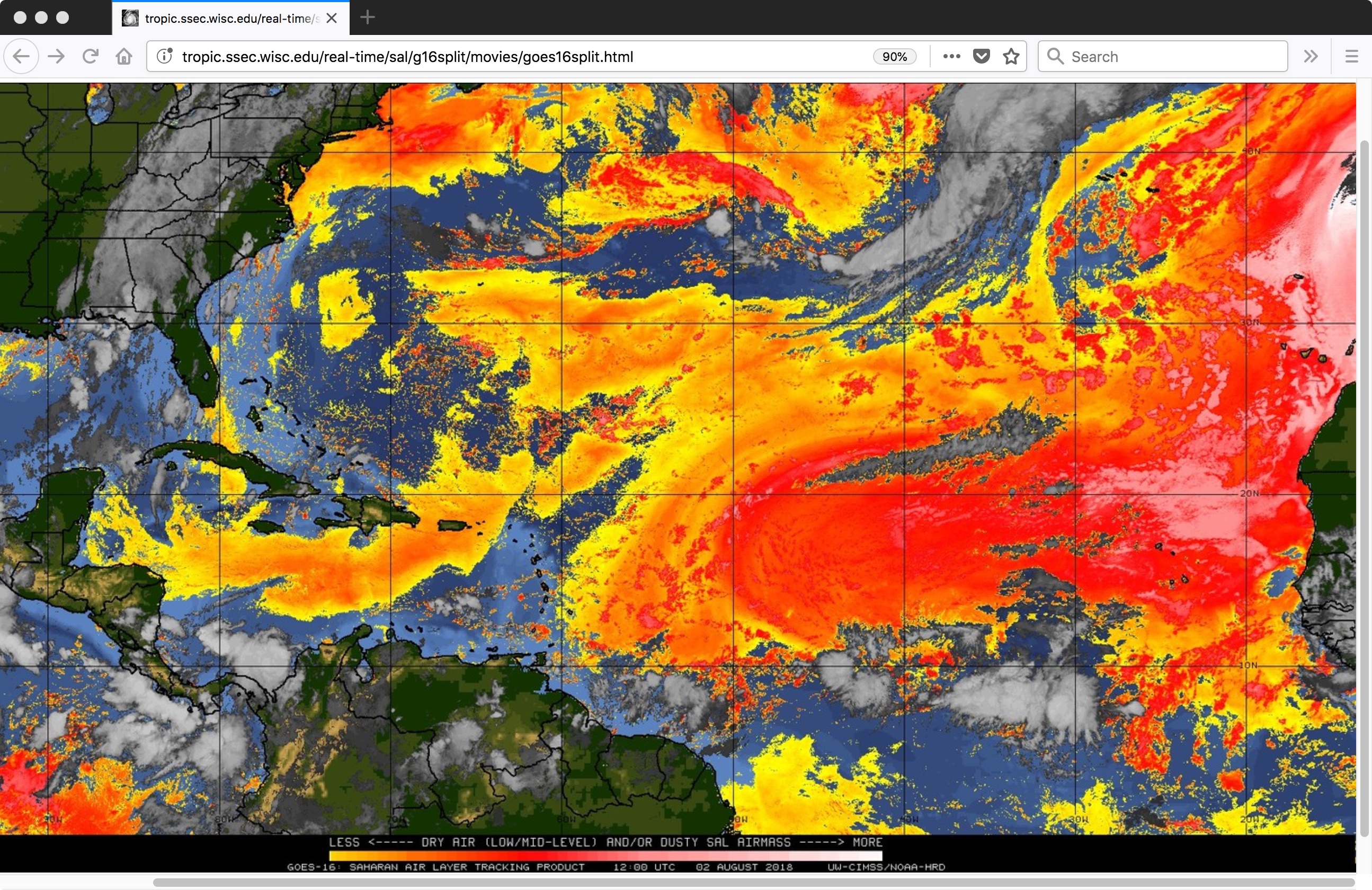 GOES-16 Split Window (12.3 µm - 10.3 µm) Saharan Air Layer product [click to play MP4 animation]