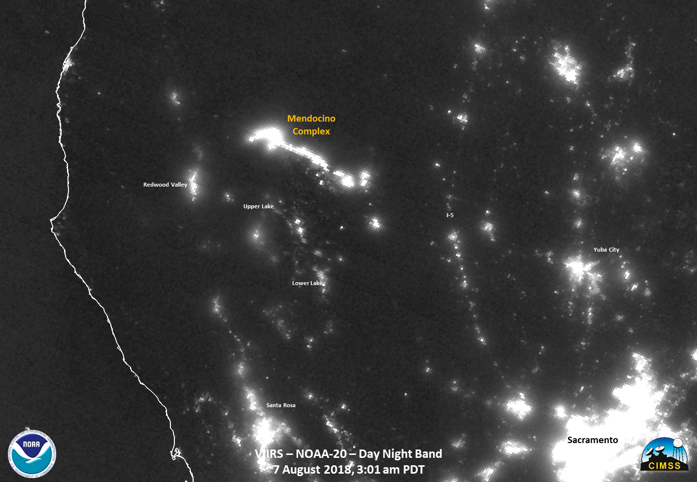 NOAA-20 VIIRS Day/Night Band (0.7 µm), Near-Infrared (1.61 µm and 2.25 µm) and Shortwave Infrared (3.75 µm) images [click to enlarge]