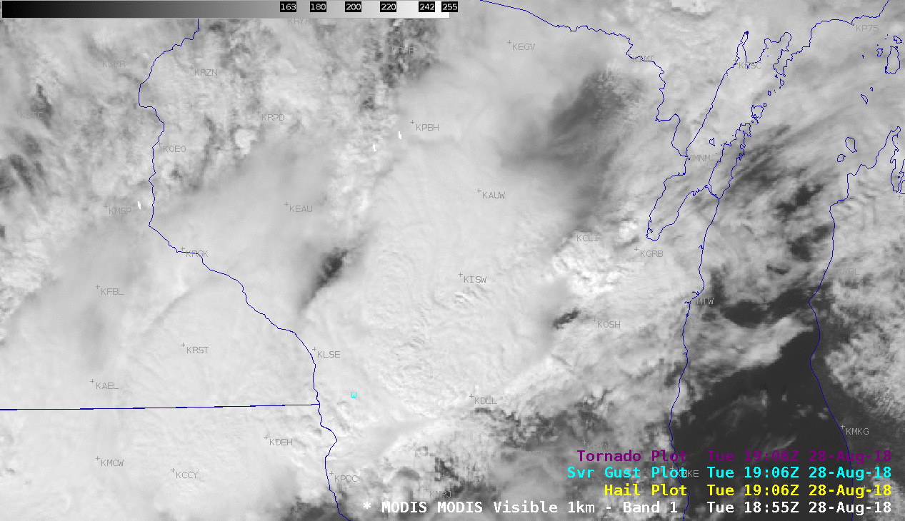 Aqua MODIS Visible (0.65 µm) and Infrared Window (11.0 µm) images, with plots of SPC storm reports [click to enlarge]