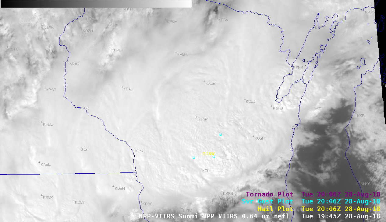 Suomi NPP VIIRS Visible (0.64 µm) and Infrared Window (11.45 µm) images, with plots of SPC storm reports [click to enlarge]
