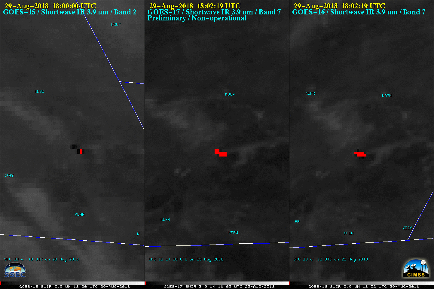 Shortwave Infrared images from GOES-15 (3.9 µm, left), GOES-17 (3.9 µm, center) and GOES-16 (3.9 µm, right) [click to play animation | MP4]