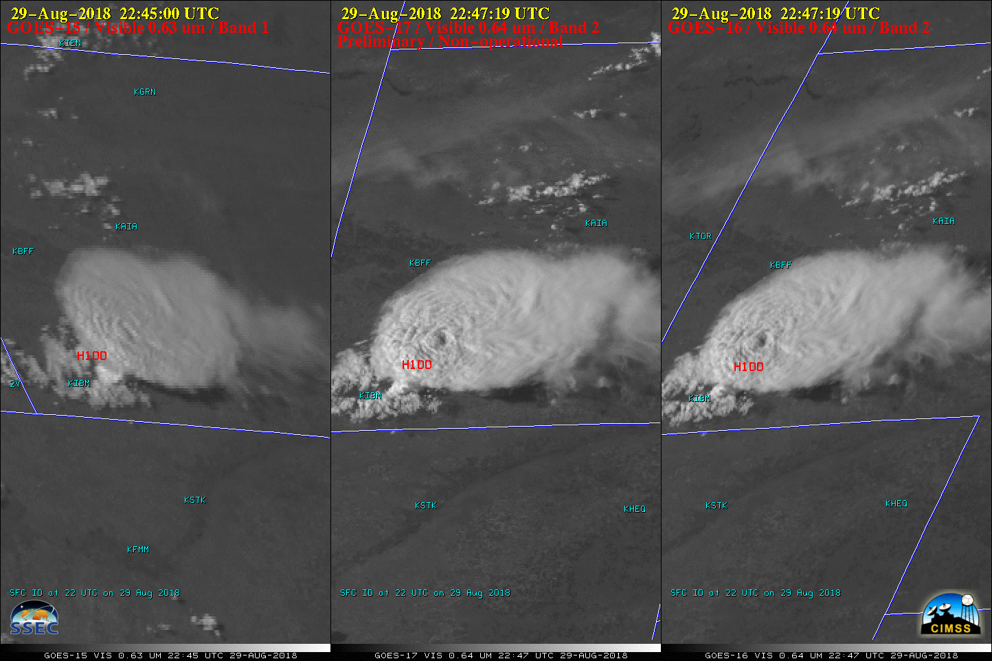 Visible images from GOES-15 (0.63 µm, left), GOES-17 (0.64 µm, center) and GOES-16 (0.64 µm, right), with SPC storm reports plotted in red [click to play animation | MP4]