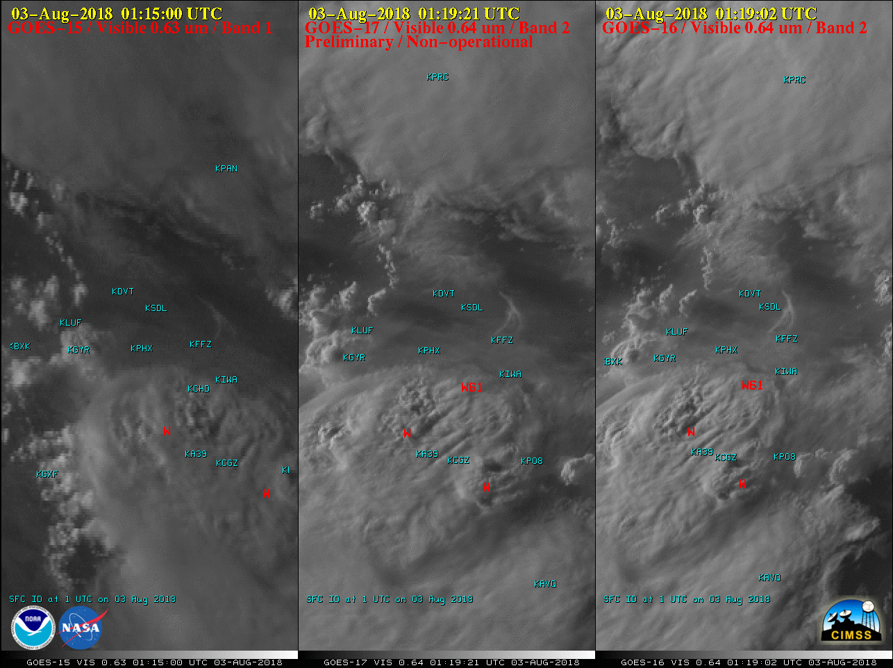 Visible images from GOES-15 (0.63 µm, left), GOES-17 (0.64 µm, center) and GOES-16 (0.64 µm, right), with SPC storm reports plotted in red [click to play animation | MP4]