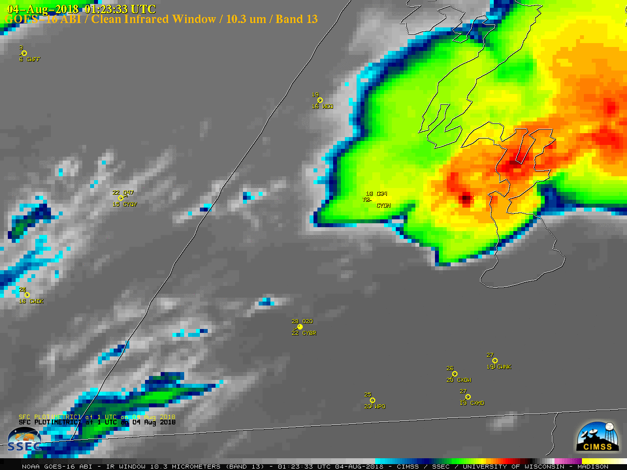GOES-16 "Clean" Infrared Window (10.3 µm) images, with hourly plots of surface reports; black * denotes the town of Alonsa [click to play MP4 animation]