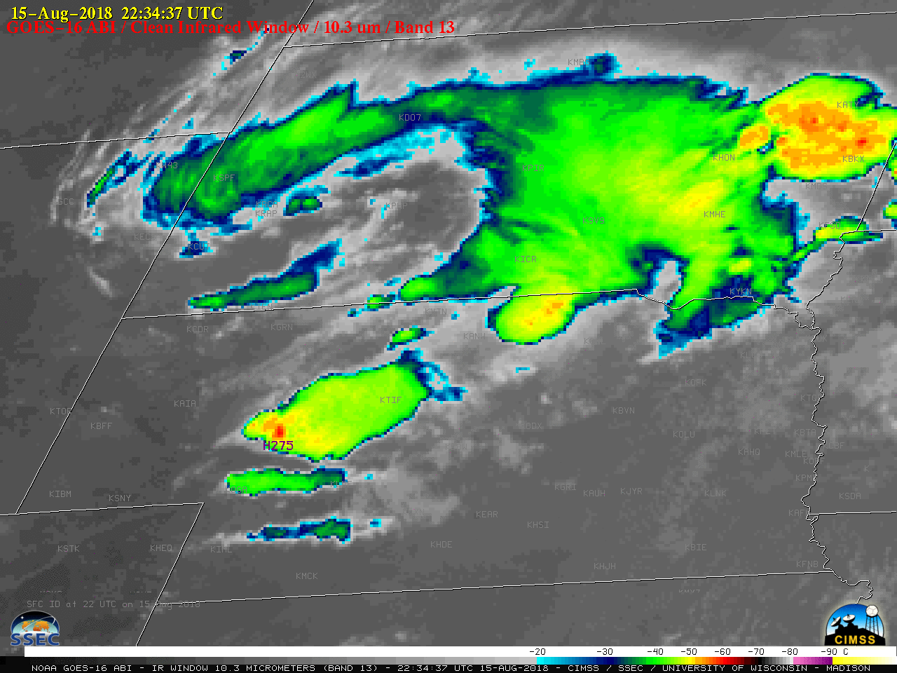 GOES-16 "Clean" Infrared Window (10.4 µm) images, with SPC storm reports plotted in purple [click to play MP4 animation]