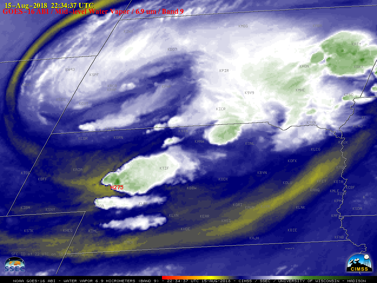 GOES-16 Mid-level Water Vapor (6.9 µm) images, with SPC storm reports plotted in red [click to play MP4 animation]