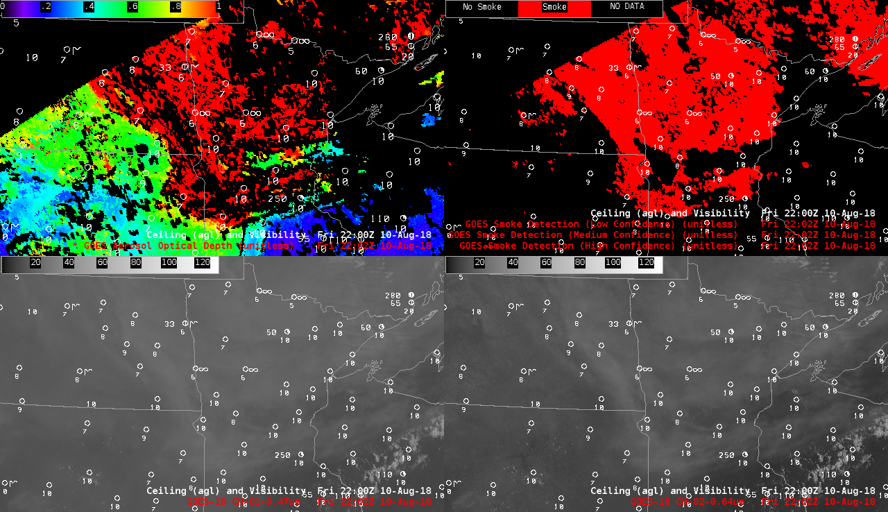 GOES-16 Aerosol Optical Depth (top left), Smoke Detection product (top right). "Blue" Visible (0.47 µm, bottom left) and "Red" Visible (0.64 µm, bottom right) [click to play animation | MP4]