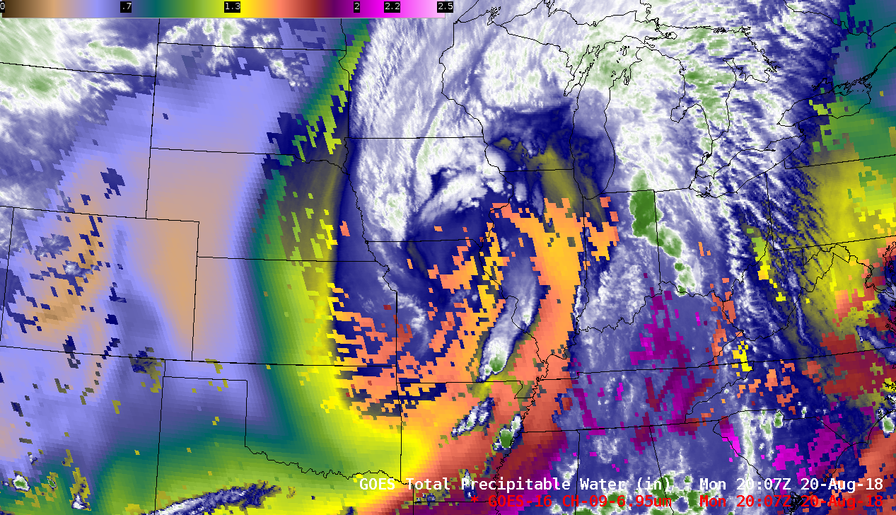 Composite of GOES-16 Water Vapor (6.9 µm) imagery and Total Precipitable Water product [click to play MP4 animation]