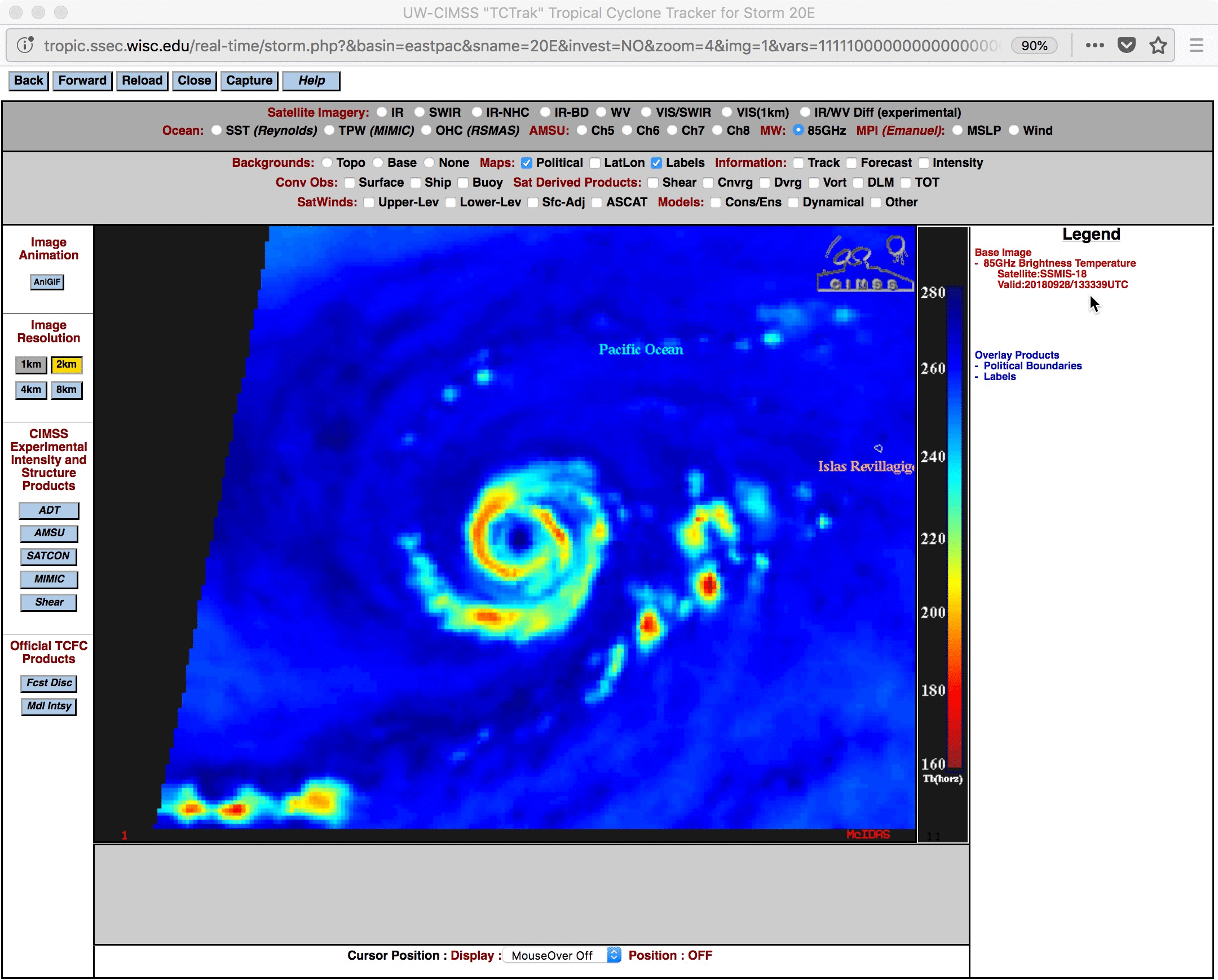 DMSP-18 SSMIS Microwave (85 GHz) and GOES-15 Infrared Window (10.7 µm) images [click to enlarge]