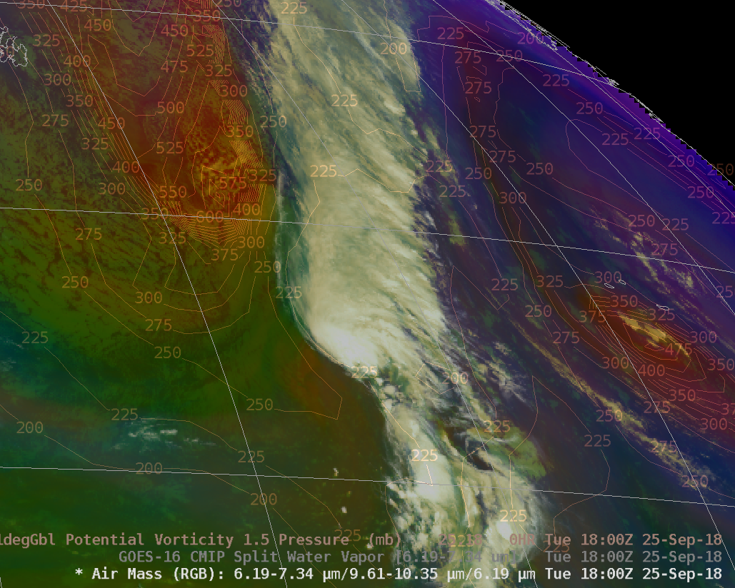 GOES-16 Air Mass RGB images, with and without contours of GFS PV1.5 pressure [click to play animation | MP4]