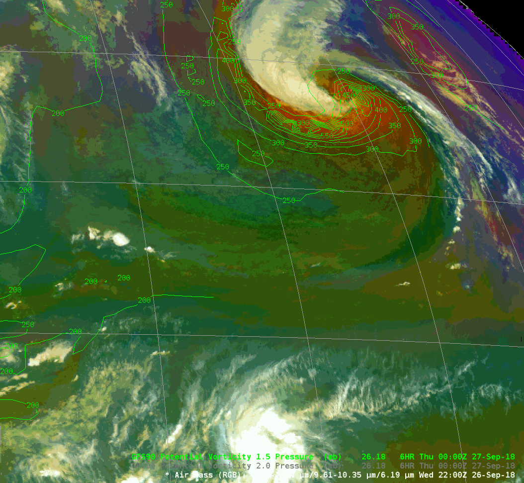 GOES-16 Air Mass RGB images, with contours of PV1.5 pressure [click to play animation | MP4]