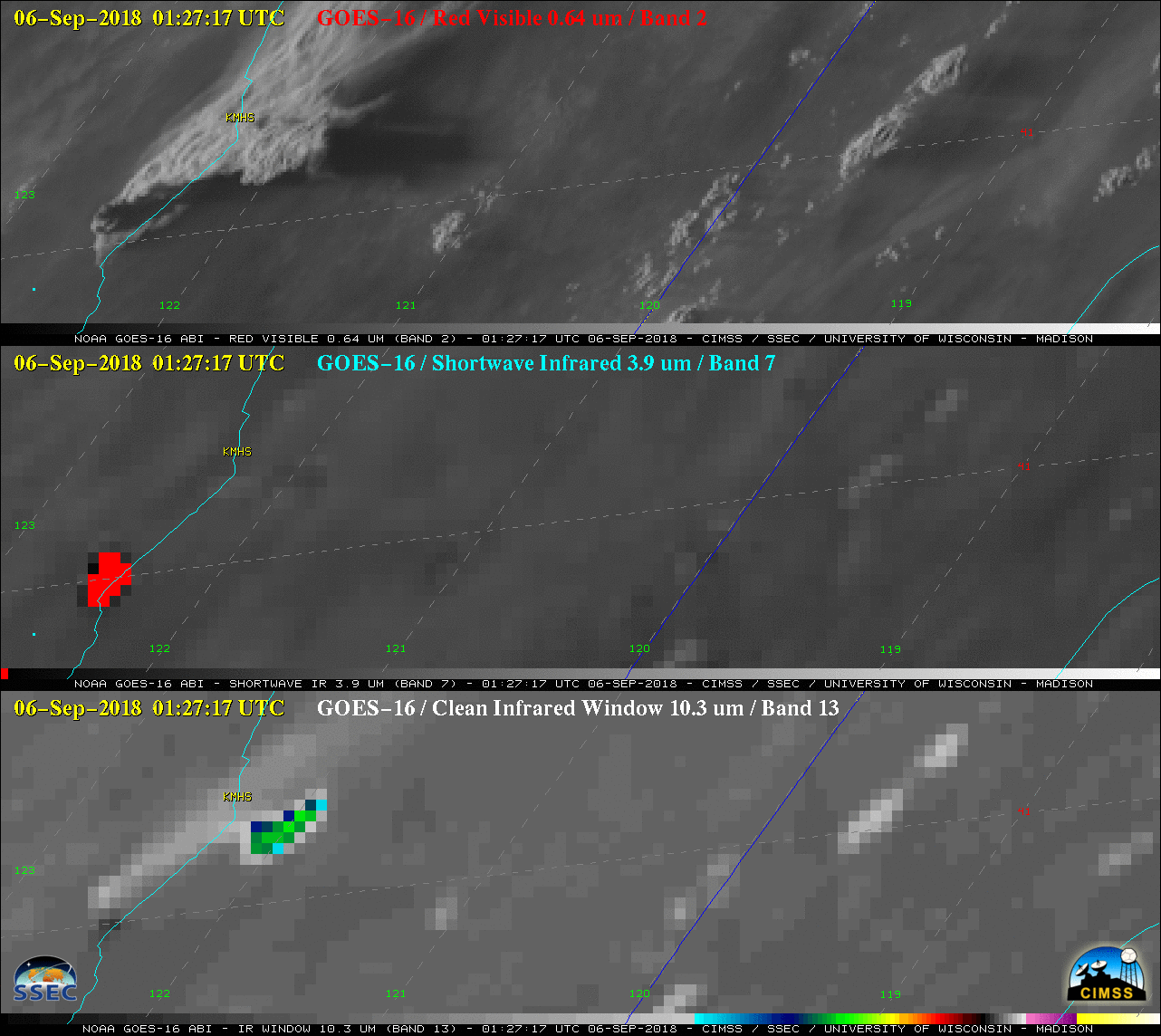 GOES-16 "Red" Visible (0.64 µm, top), Shortwave Infrared (3.9 µm, middle), "Clean" Infrared Window (10.3 µm, bottom); Interstate 5 is plotted in cyan [click to play animation | MP4]