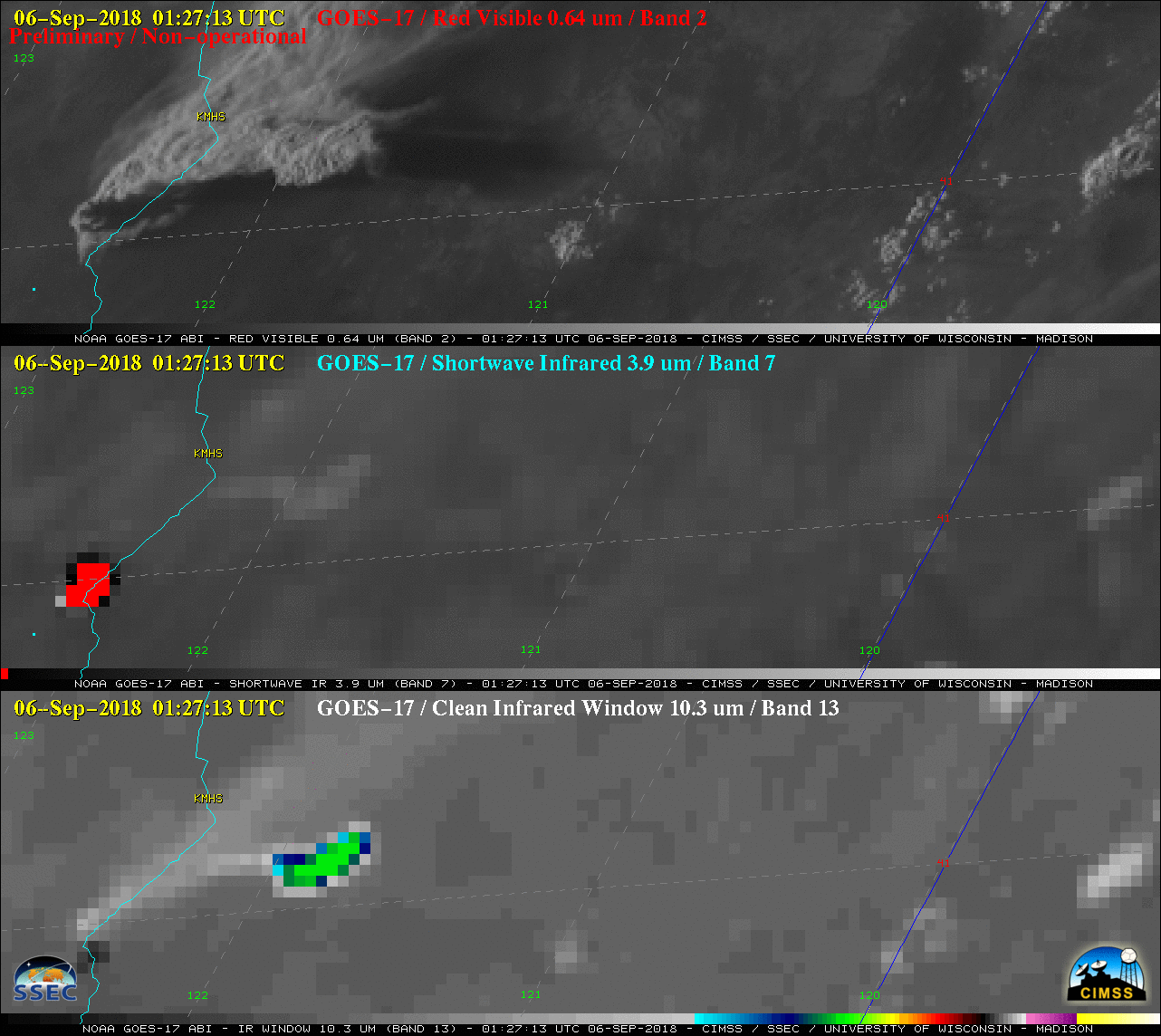 GOES-17 "Red" Visible (0.64 µm, top), Shortwave Infrared (3.9 µm, middle), "Clean" Infrared Window (10.3 µm, bottom) images; Interstate 5 is plotted in cyan [click to play animation | MP4]