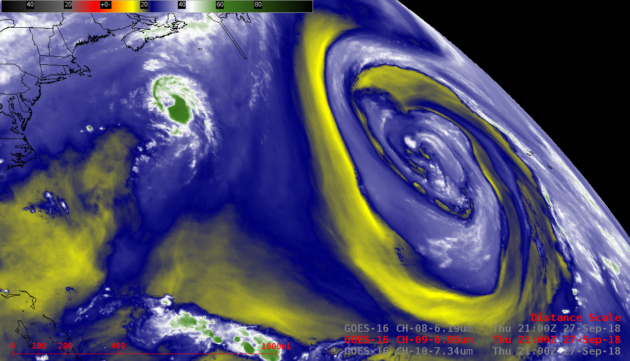 Sequence of GOES-16 Low-level (7.3 µm), Mid-level (6.9 µm) and Upper-level (6.2 µm) Water Vapor images from 09 UTC on 27 September to 00 UTC on 28 September [click to play animation | MP4]