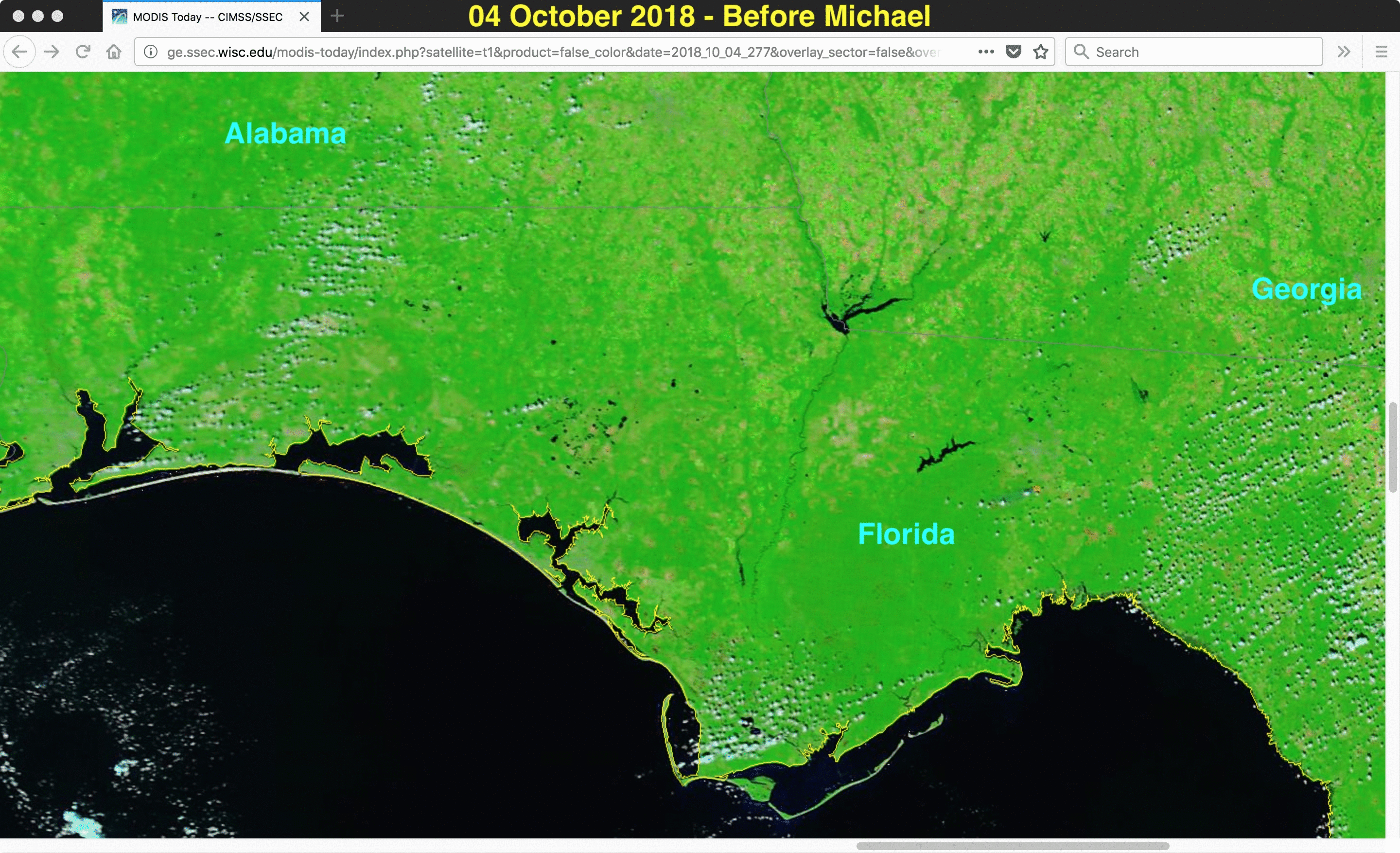 Terra MODIS False Color RGB images from 04 October and 12 October [click to enlarge]