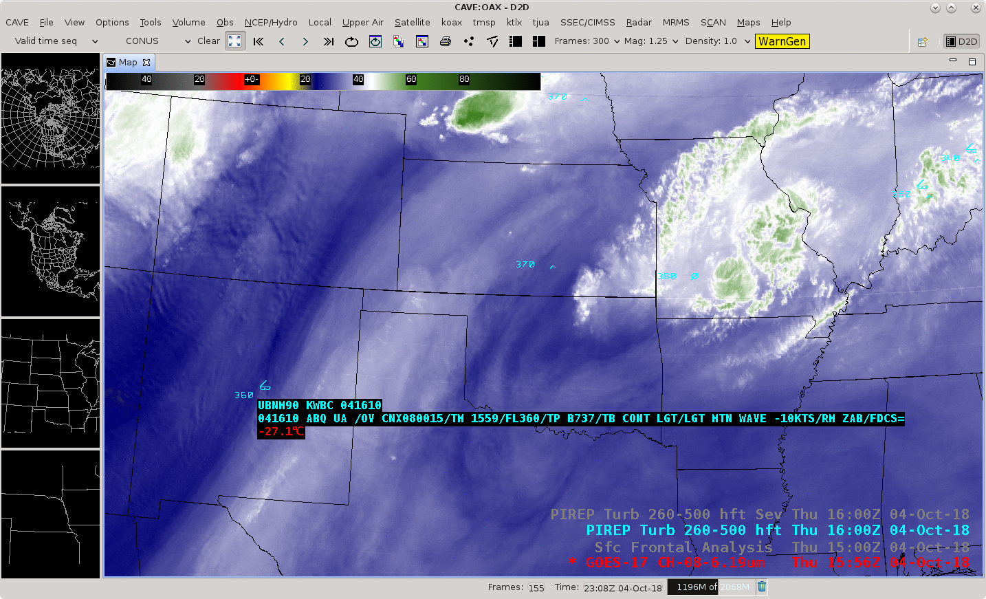GOES-17 Upper-level Water Vapor (6.2 µm) images, with pilot reports of turbulence [click to enlarge]