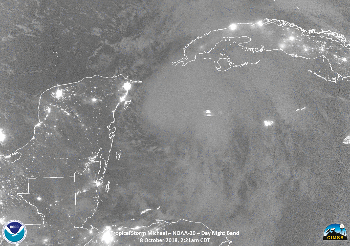 NOAA-20 VIIRS Day/Night Band (0.7 µm), Infrared Window (11.45 µm) and ATMS Microwave (88 GHz) images [click to enlarge]