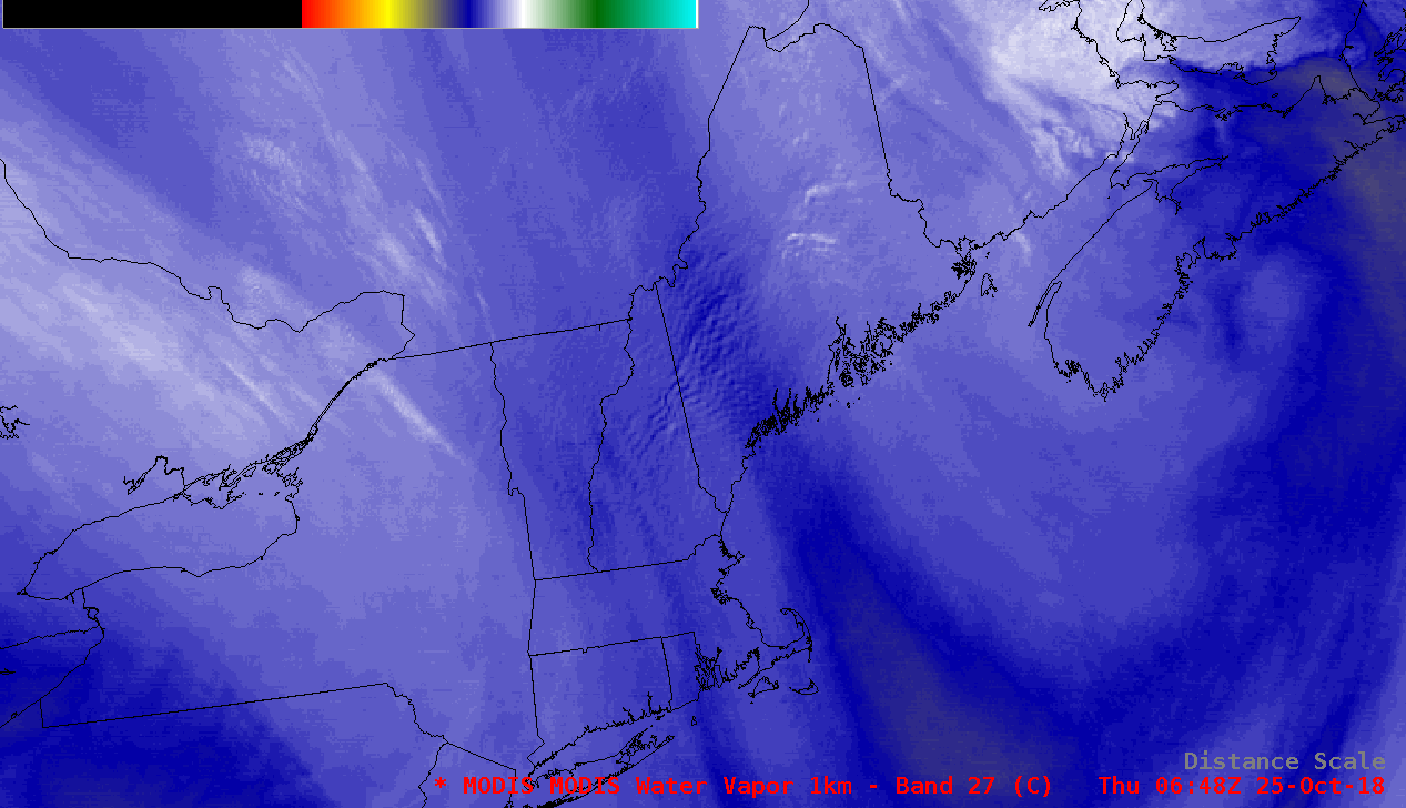  Aqua MODIS Water Vapor (6.7 µm) and Infrared Window (11.0 µm) images [click to enlarge]