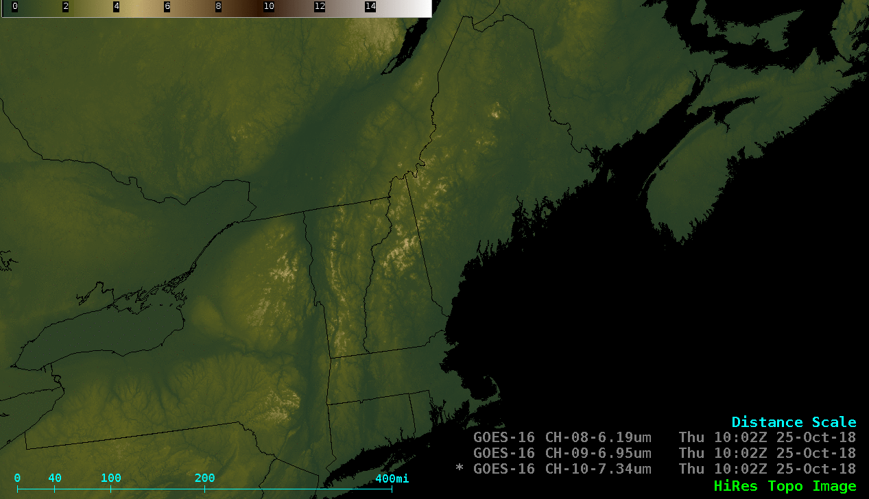 GOES-16 Mid-level Water Vapor (6.9 µm) image + Topography [click to enlarge]