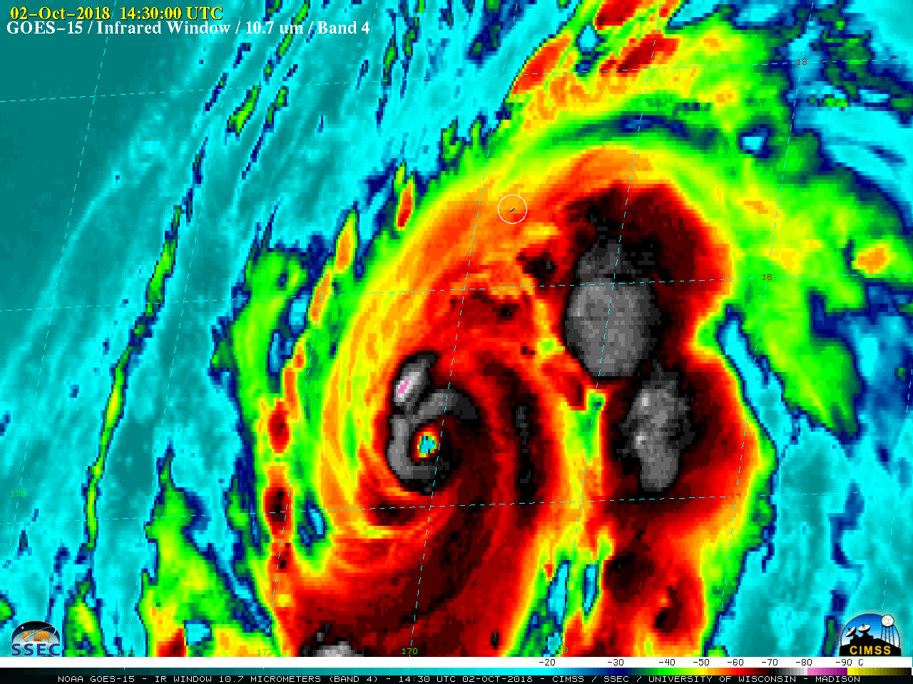 GOES-15 Infrared Window (10.7 µm) images; the white circle shows the location of Johnston Atoll [click to play animation | MP4]