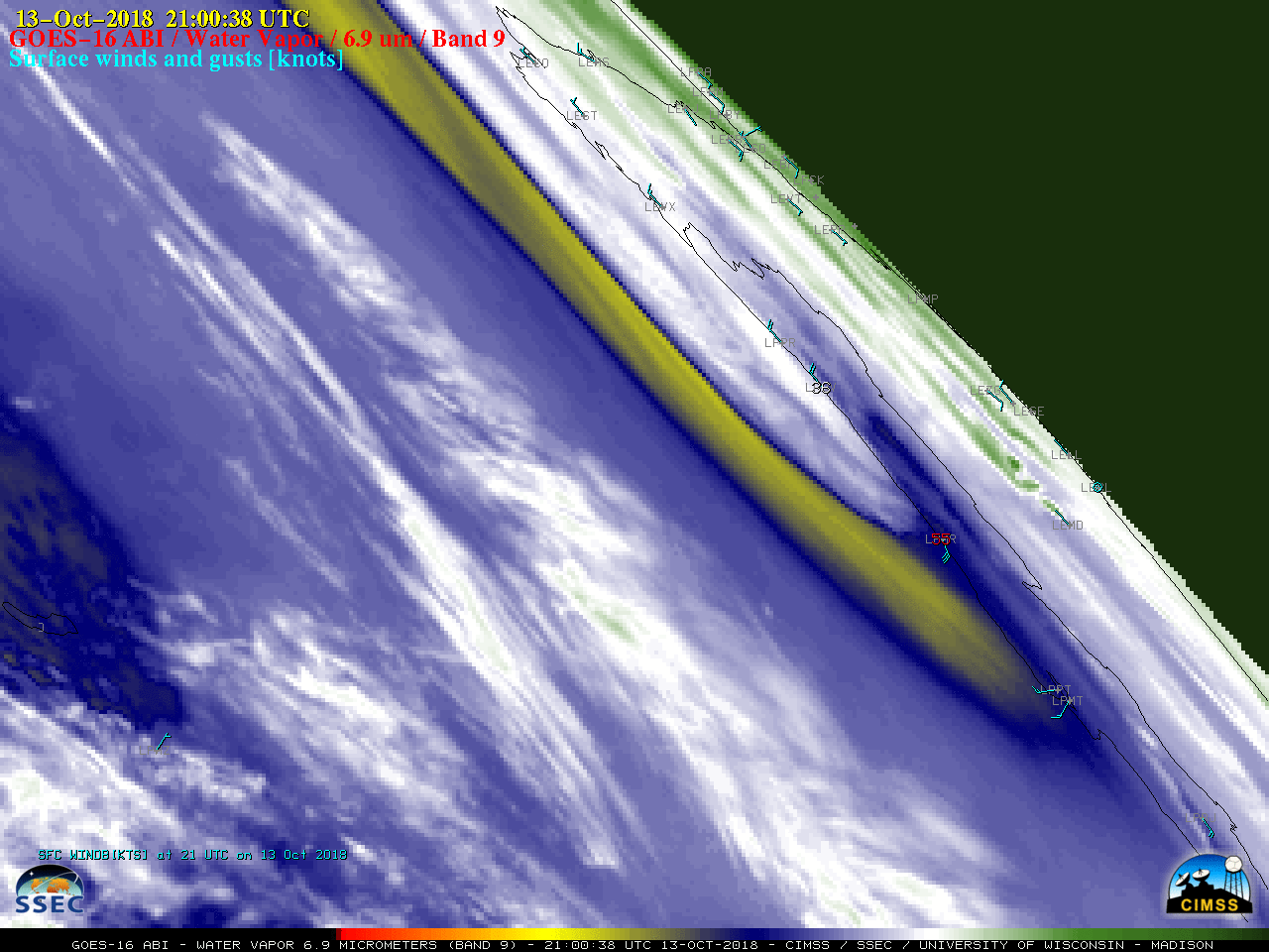 GOES-16 Mid-level Water Vapor (6.9 µm) images, with hourly plots of surface winds and gusts in knots [click to play animation | MP4]