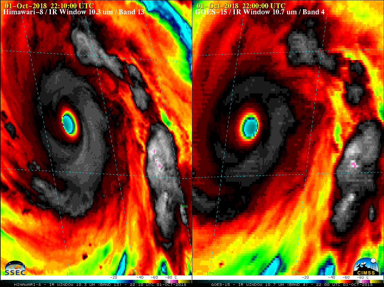 Infrared Window images from Himawari-8 (10.3 µm, left) and GOES-15 (10.7 µm, right) [click to play animation | MP4]