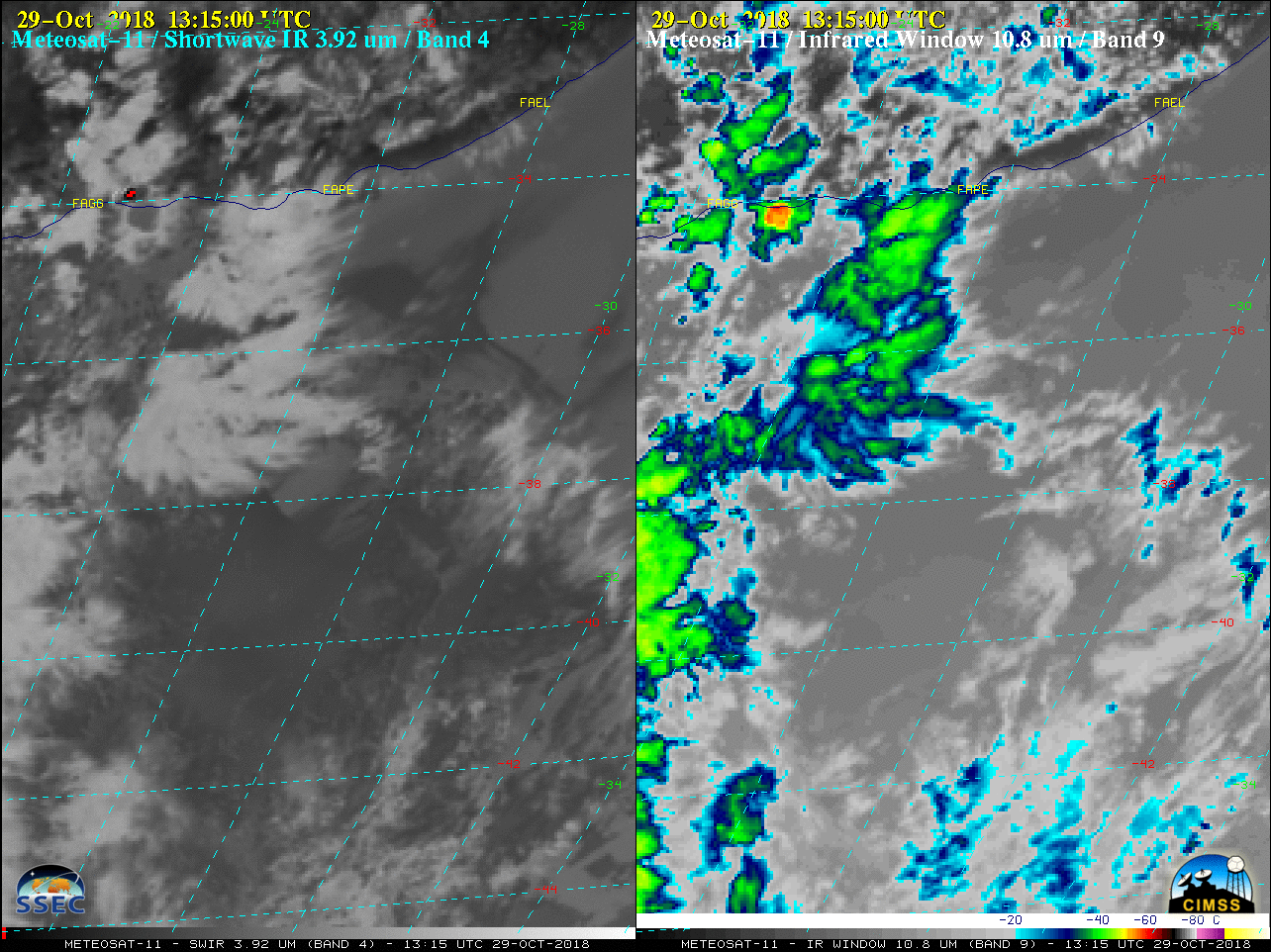 Meteosat-11 Shortwave Infrared (3.92 µm, left) and Longwave Infrared Window (10.8 µm, right) images [click to play animation | MP4]