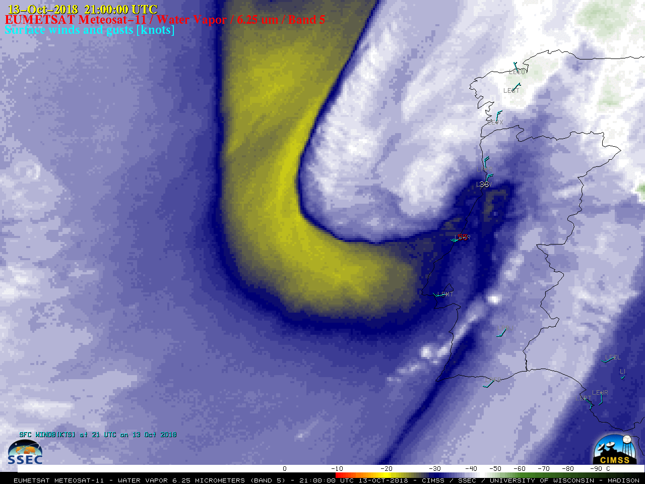 EUMETSAT Meteosat-11 Water Vapor (6.25 µm) images, with hourly plots of surface winds and gusts in knots [click to play animation | MP4]