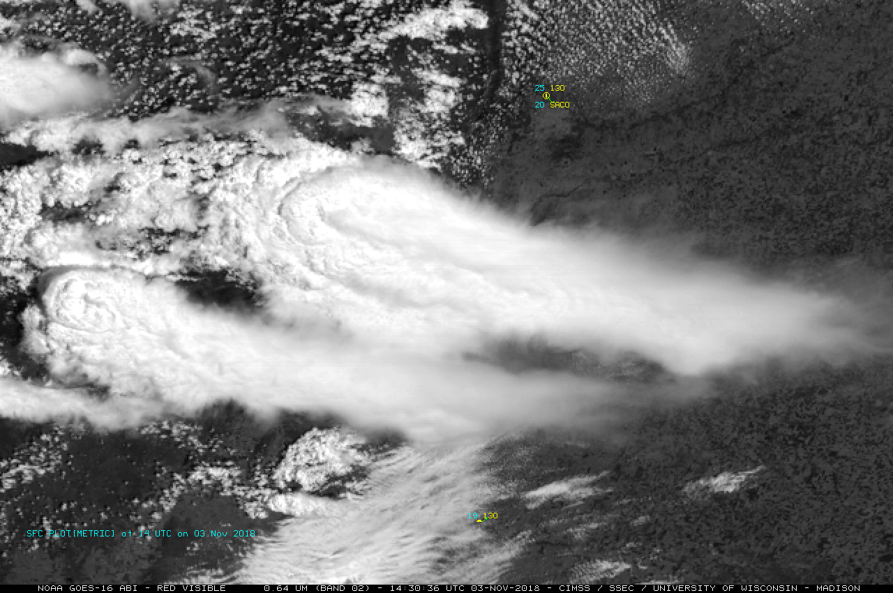 GOES-16 "Red" Visible (0.64 µm), Near-Infrared "Snow/Ice" (1.61 µm) and "Clean" Infrared Window (10.3 µm) images [click to enlarge]