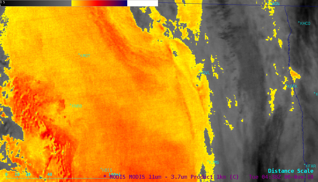 Fog/sratus infrared Brightness Temperature Difference images from Terra/Aqua MODIS and NOAA-20/Suomi NPP VIIRS [click to enlarge | MP4]